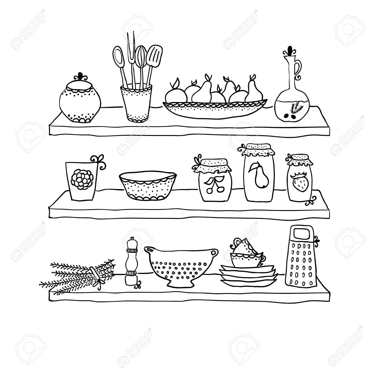 1299x1300 Kitchen Utensils On Shelves, Sketch Drawing Royalty Free Cliparts
