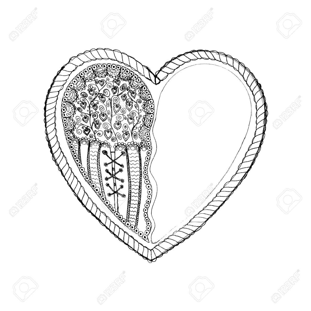 1300x1300 Ornate Hand Drawn Heart Sketch. Black On White Color. St