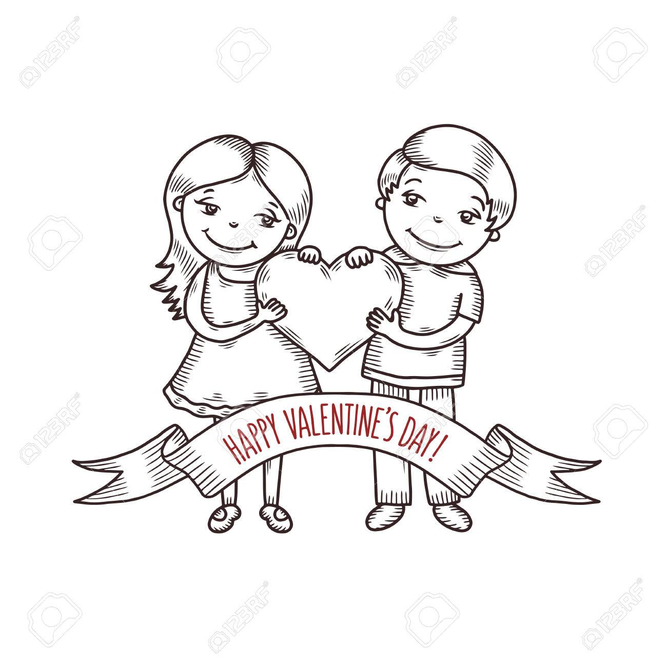 1300x1300 Valentine Day Greeting Card Hand Drawn Boy And Girl