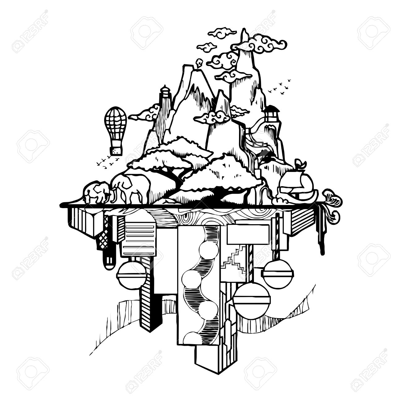 1300x1300 Different World, Valley And City Drawing Sketch Royalty Free