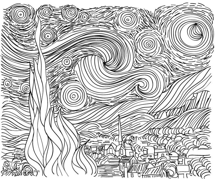 736x613 Line Drawing Starry Night (Van Gogh)