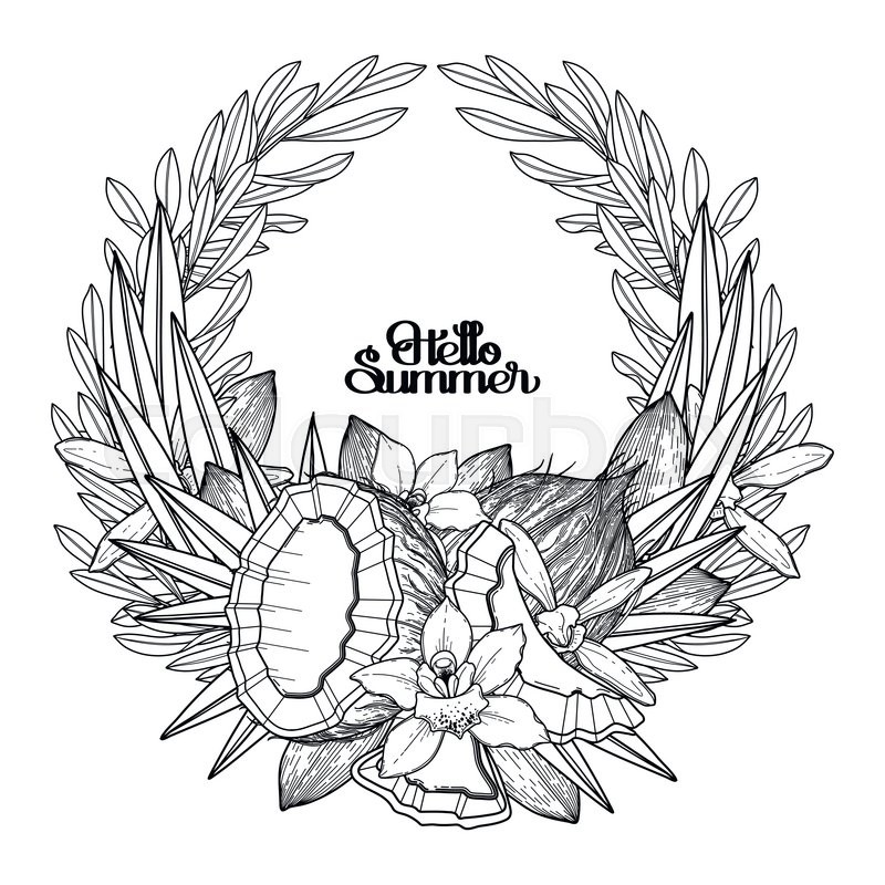 800x800 Graphic Vanilla Flowers And Coconut. Floral Wreath. Vector Natural