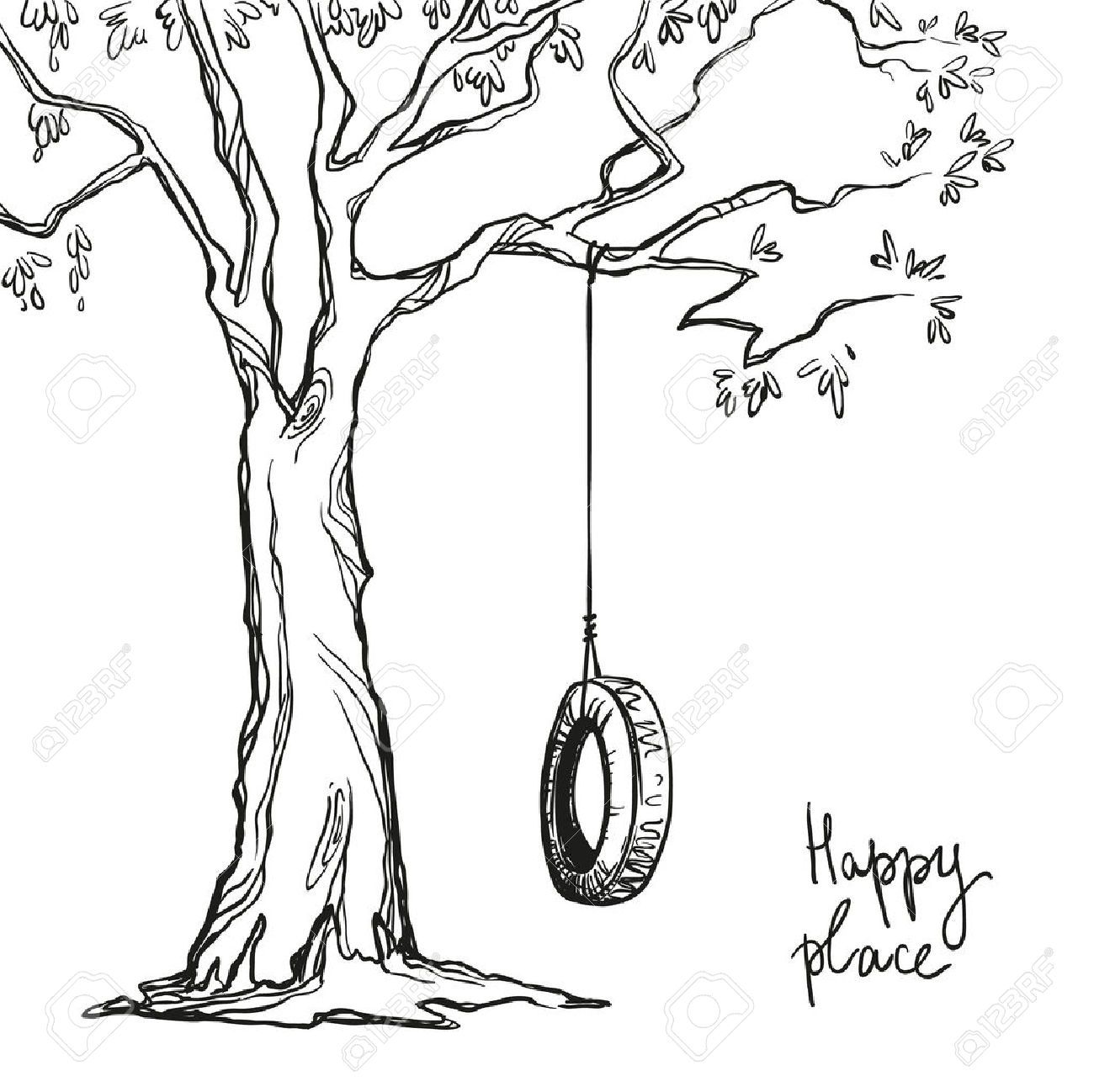 1300x1298 Tree With A Tyre Swing. Vector Illustration. Royalty Free Cliparts