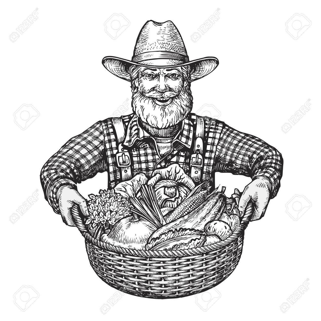 1300x1300 Happy Farmer With A Basket Of Vegetables. Hand Drawn Sketch Vector