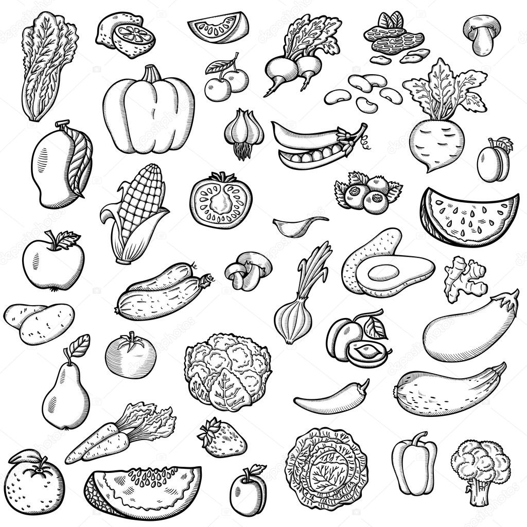 1024x1024 Set Of Vegetables And Fruits. For Menu. Hand Drawing, Retro
