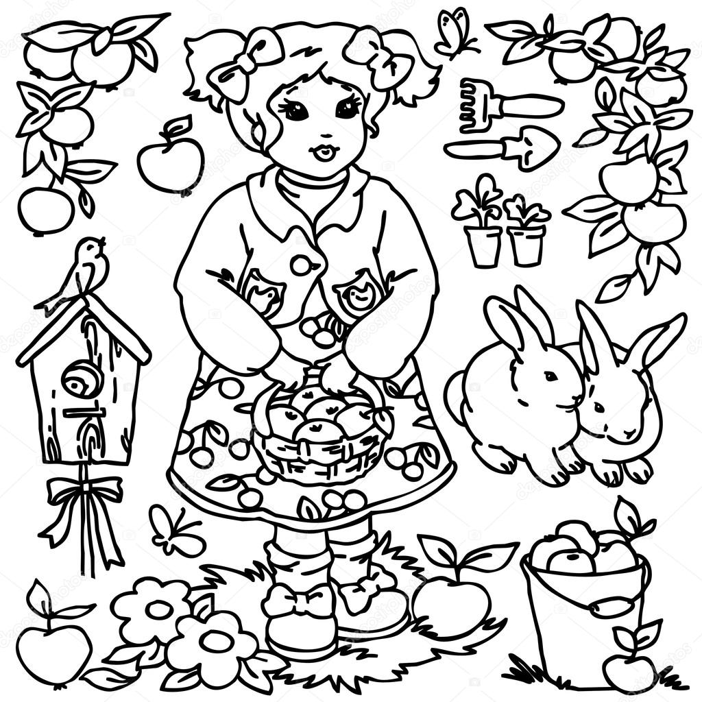 1024x1024 Cartoon Farm Animals, Vegetables, Fruits And Decoration Elements