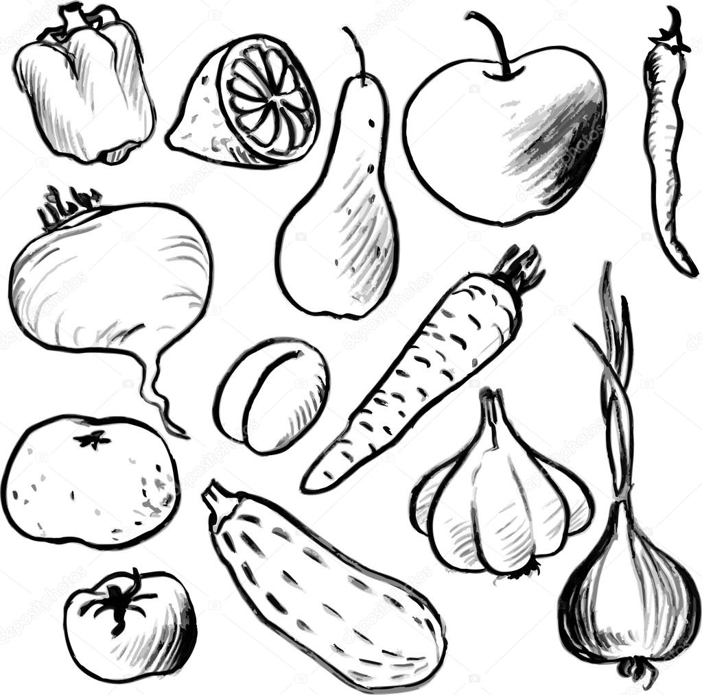 1023x1014 Set Of Drawing Vegetables And Fruits Stock Vector