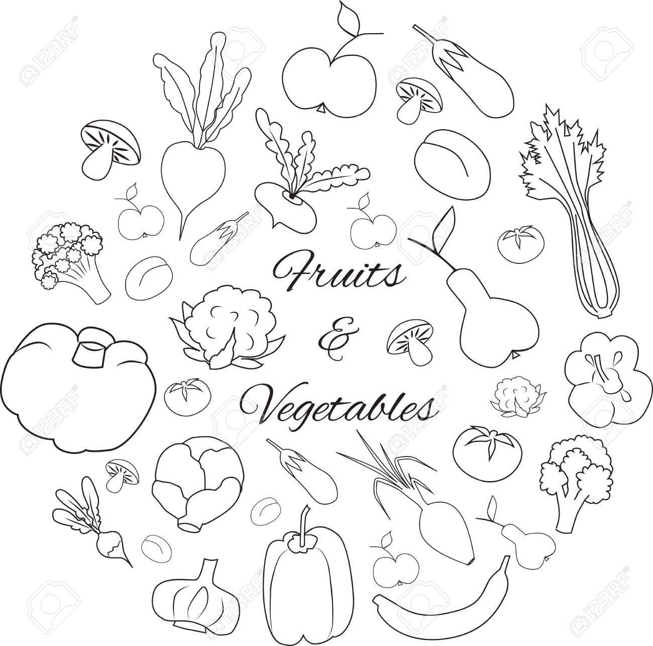 1300x1285 Set Of Flat Fruits And Vegetables Icons Drawing With Black Lines