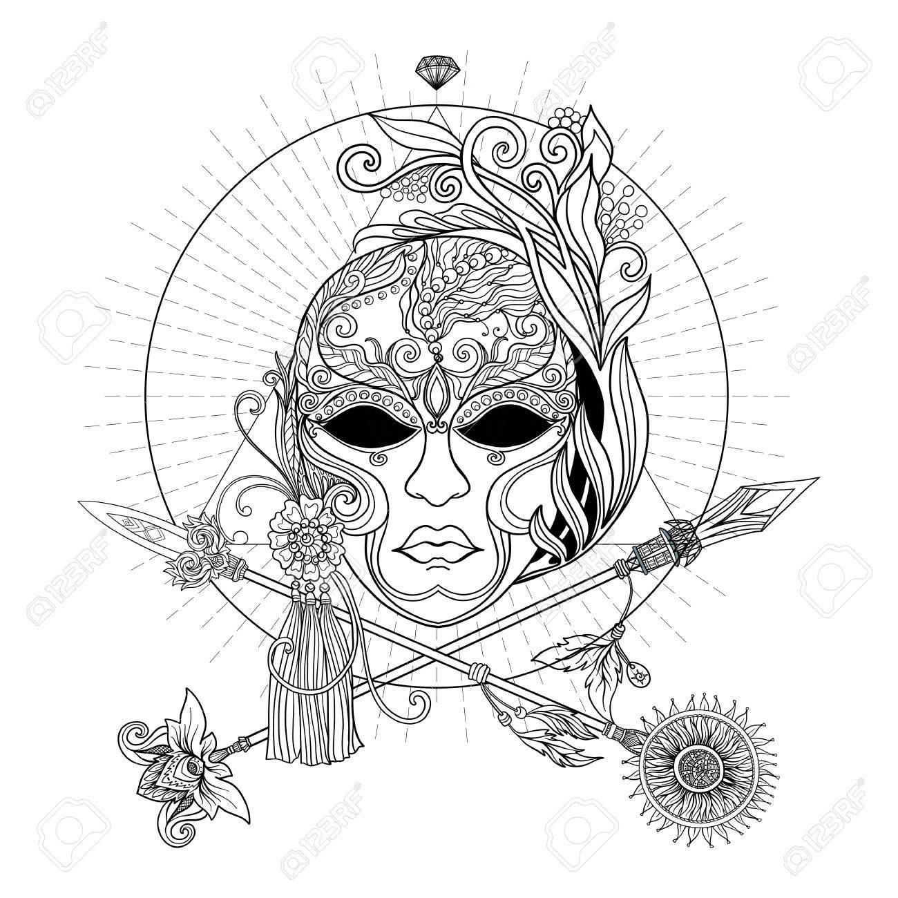1300x1300 Venetian Carnival Mask And Crossed Swords. In Decorative Style