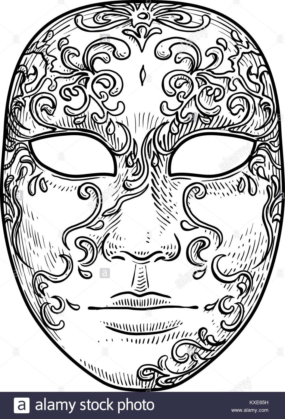 946x1390 Venetian Mask Illustration, Drawing, Engraving, Ink, Line Art