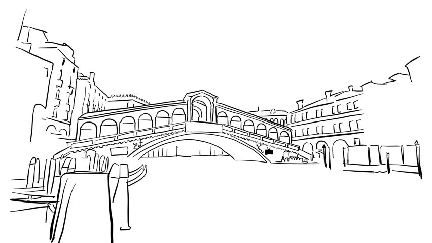 852x480 Venice Grand Canal Animated Sketch On White, Outline Drawing
