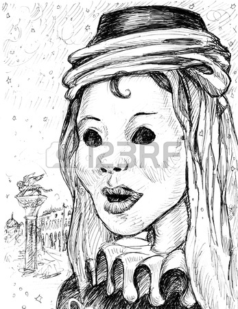 347x450 Carnival Mask In Venice Hand Drawing Stock Photo, Picture