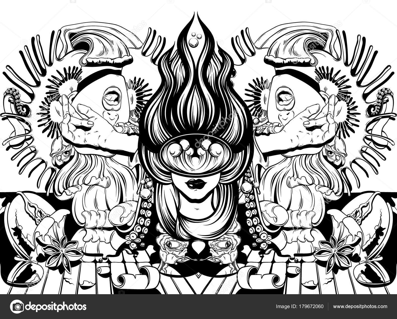 1600x1285 Vector Hand Drawn Illustration Screaming Girl Tentacles Roses