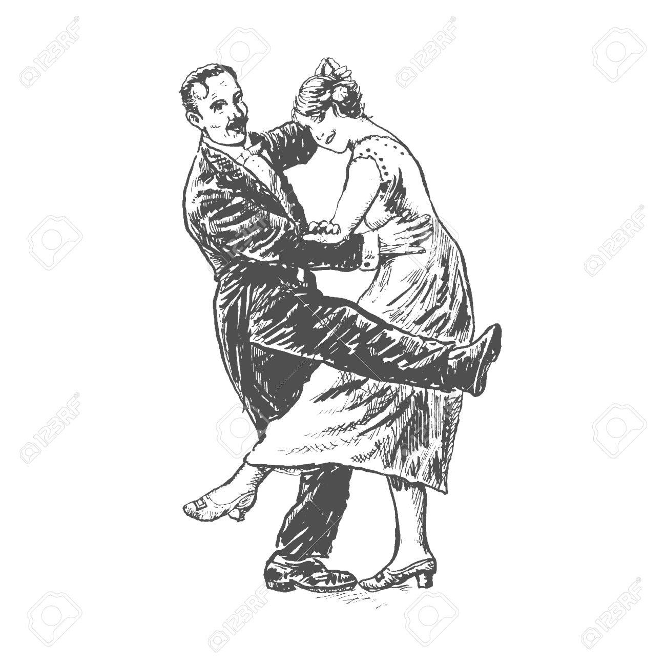 1300x1300 Private Dancers. Couple Dancing. Vintage Vector Lineart Engraving