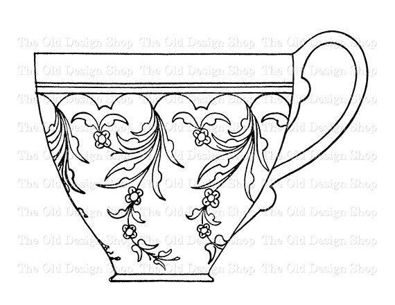 570x440 Tea Cup Printable Embroidery Design Vintage Clip Art Digital