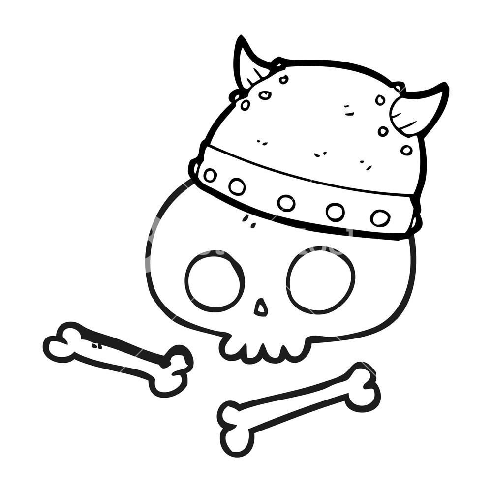 1000x1000 Freehand Drawn Black And White Cartoon Viking Helmet On Skull