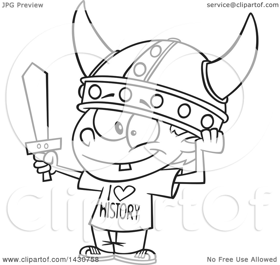 1080x1024 Clipart Of A Cartoon Black And White Lineart Boy Wearing A Viking