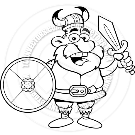 460x460 Cartoon Viking Holding A Shield And A Sword (Black Amp White Line