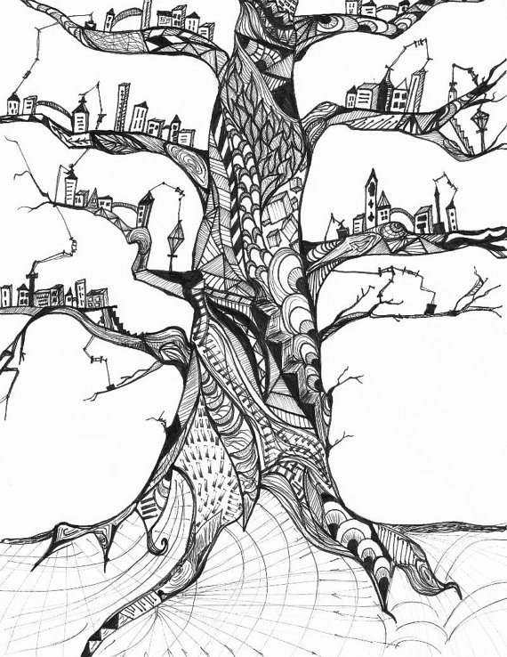 570x738 Tree Village Pattern Ink Drawing Print Trees Ink