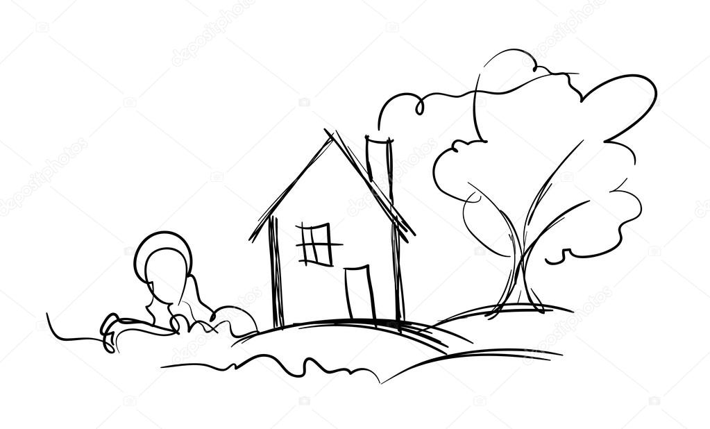 1023x618 Black And White Vector Sketch Of Village House And Tree Stock