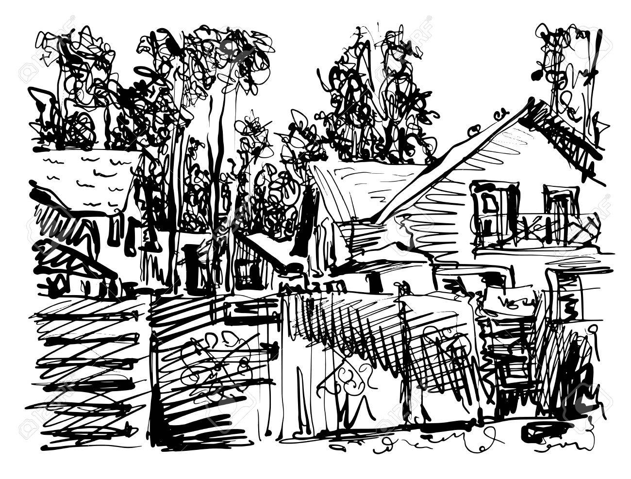 1300x987 Black And White Digital Graphic Of Village Composition With Houses