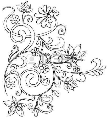 409x450 Sketchy Doodle Vines And Flowers Scroll Vector Drawing Royalty