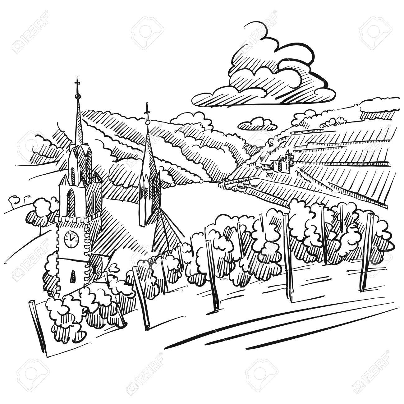 1300x1300 German Vineyard Sketch With Church, River And Hills, Hand Drawn