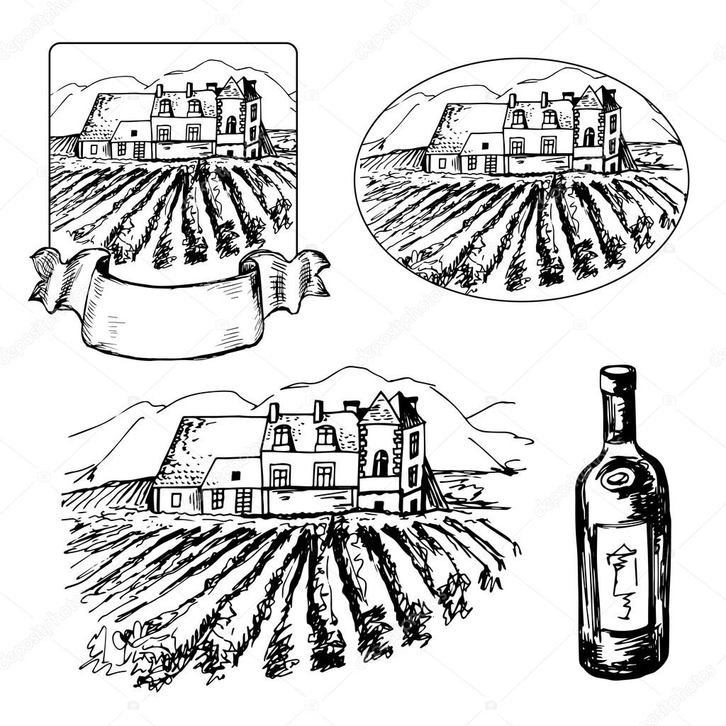 1024x1024 Set Of Different Symbils Of Vineyard And Bottle Of Wine Stock