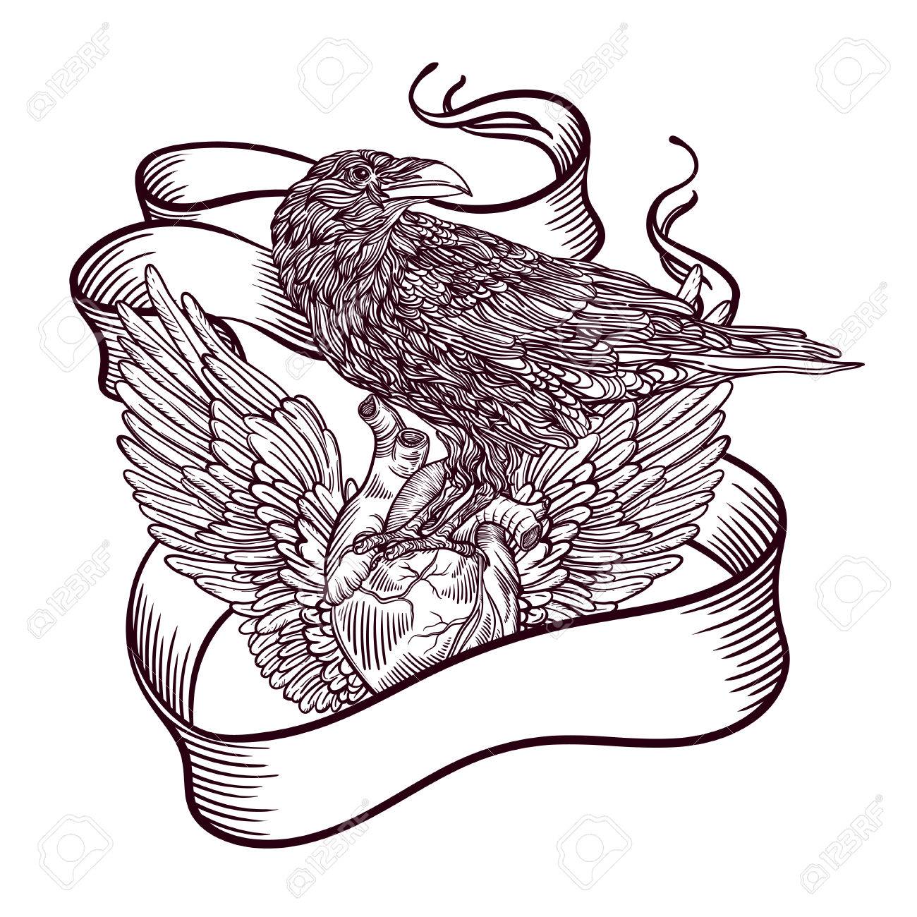 1300x1300 Line Art Illustration Of Angel Wings And Heart And Bird Raven