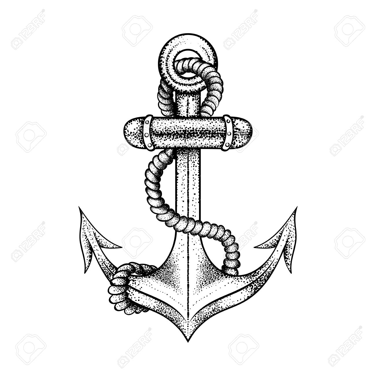 1300x1300 Hand Drawn Elegant Ship Sea Anchor With Rope, Black Sketch