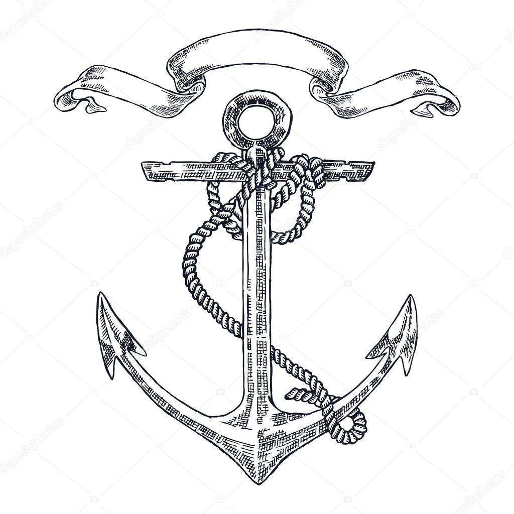 1024x1024 Vintage Anchor Graphic On White Background. Hand Drawn Vector