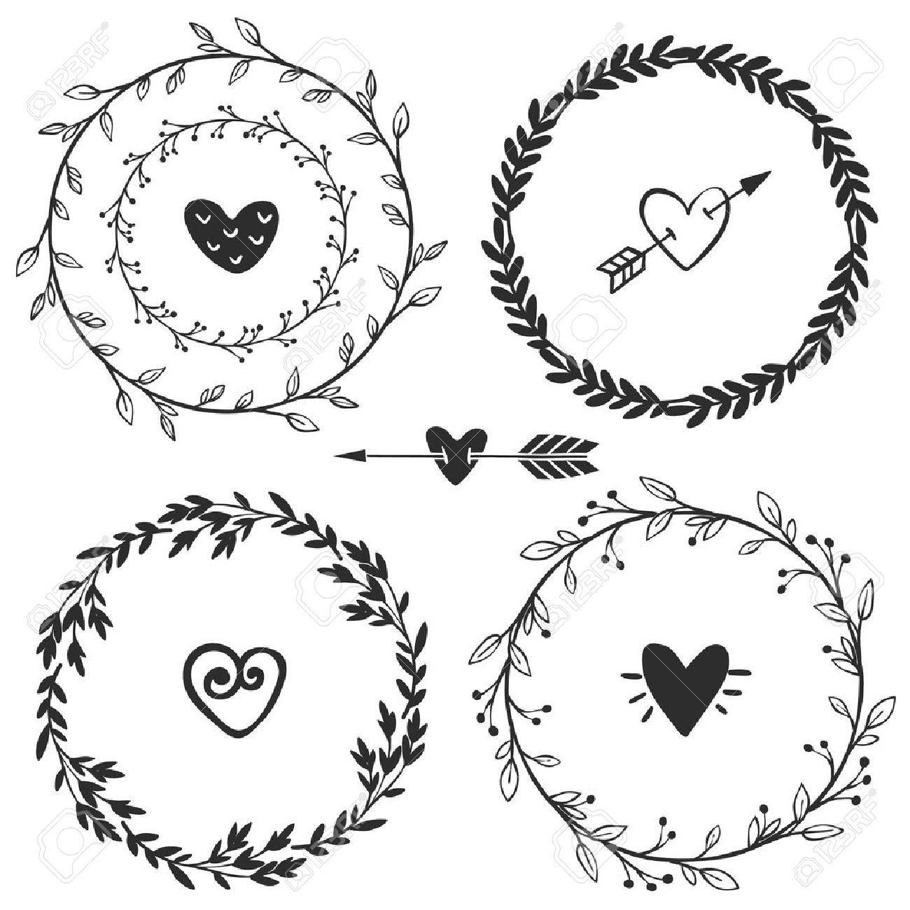 1300x1300 Hand Drawn Rustic Vintage Wreaths With Hearts. Floral Vector