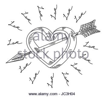 350x320 Love Heart Arrow Outline Drawing, Valentine Symbol Stock Vector