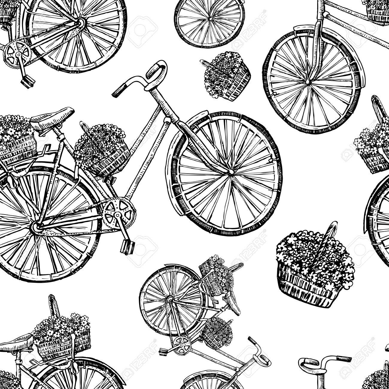 1300x1300 Seamless Pattern, Bicycle Hand Drawn Vector Sketch, Ink