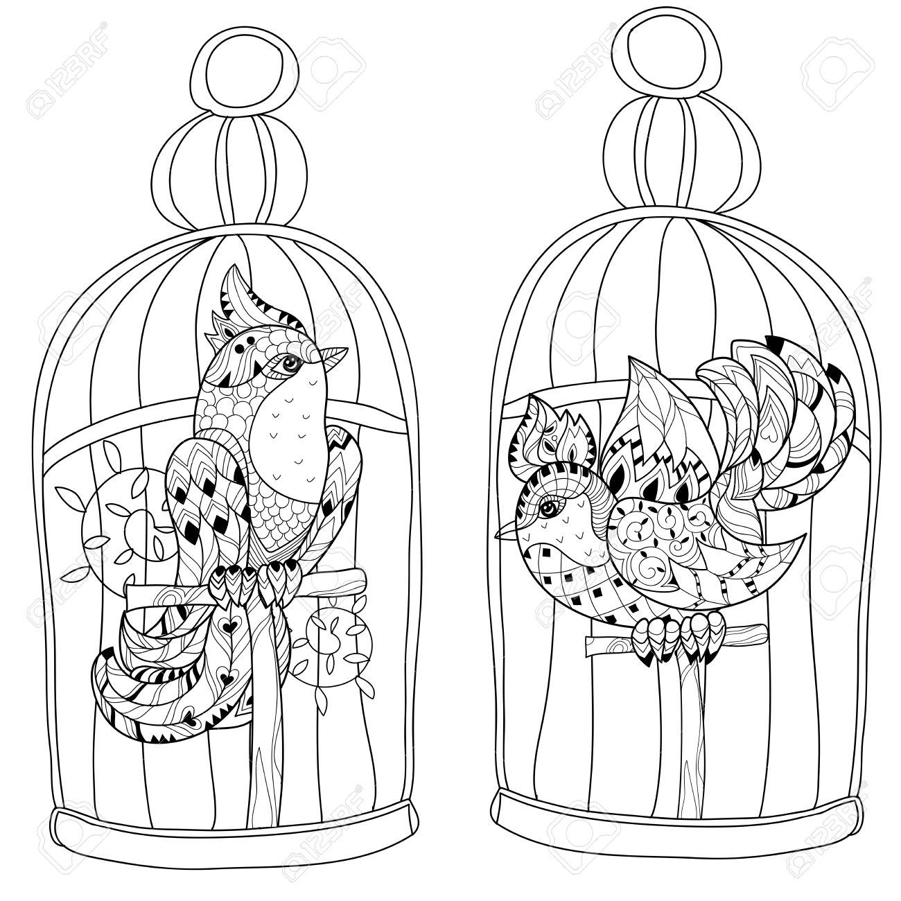 1300x1300 Stylized Bird In Cage. Hand Drawn Vector Illustration. Sketch