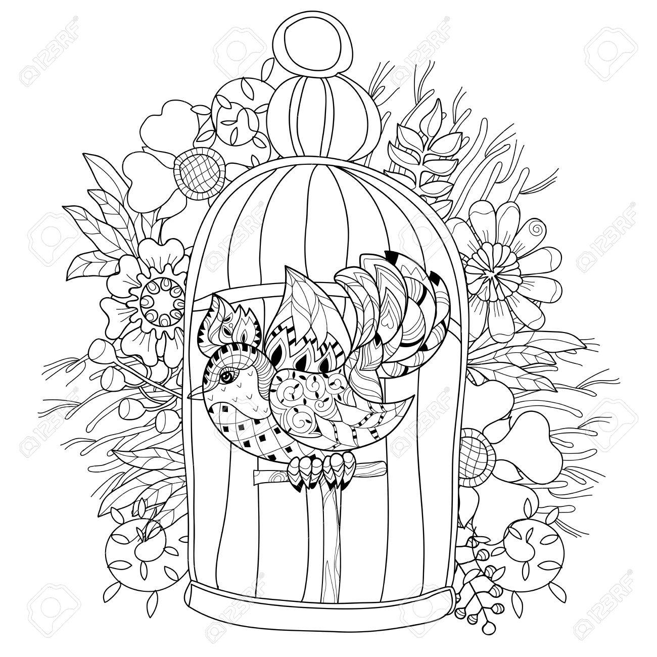 1300x1300 Zentangle Stylized Bird In Cage. Hand Drawn Vector Illustration