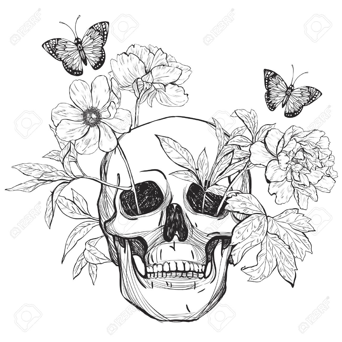 1300x1300 Skull, Flowers And Butterfly. Tattoo Art, Coloring Books. Vintage