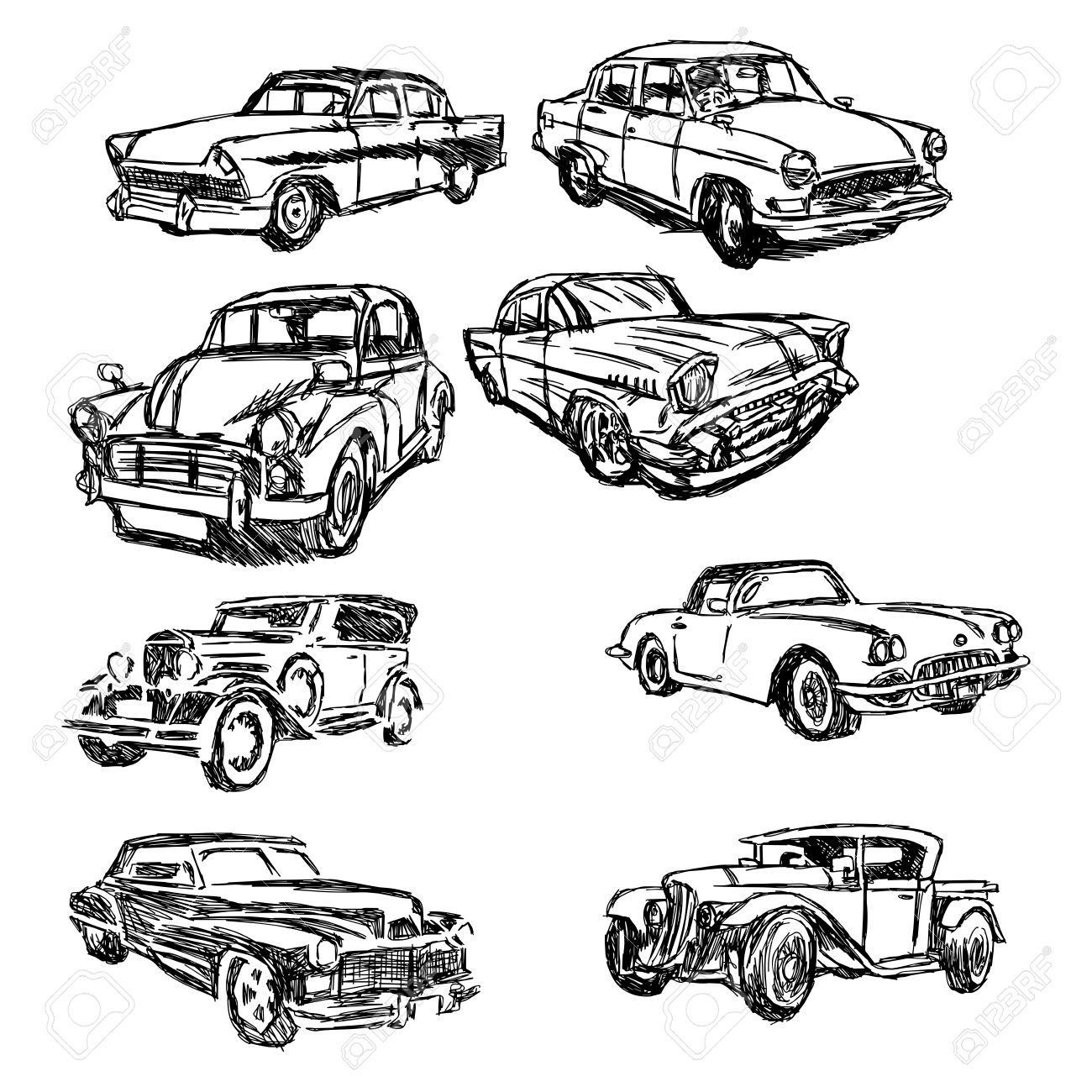 1300x1300 Illustration Doodle Hand Drawn Of Sketch Set Old Car Isolated