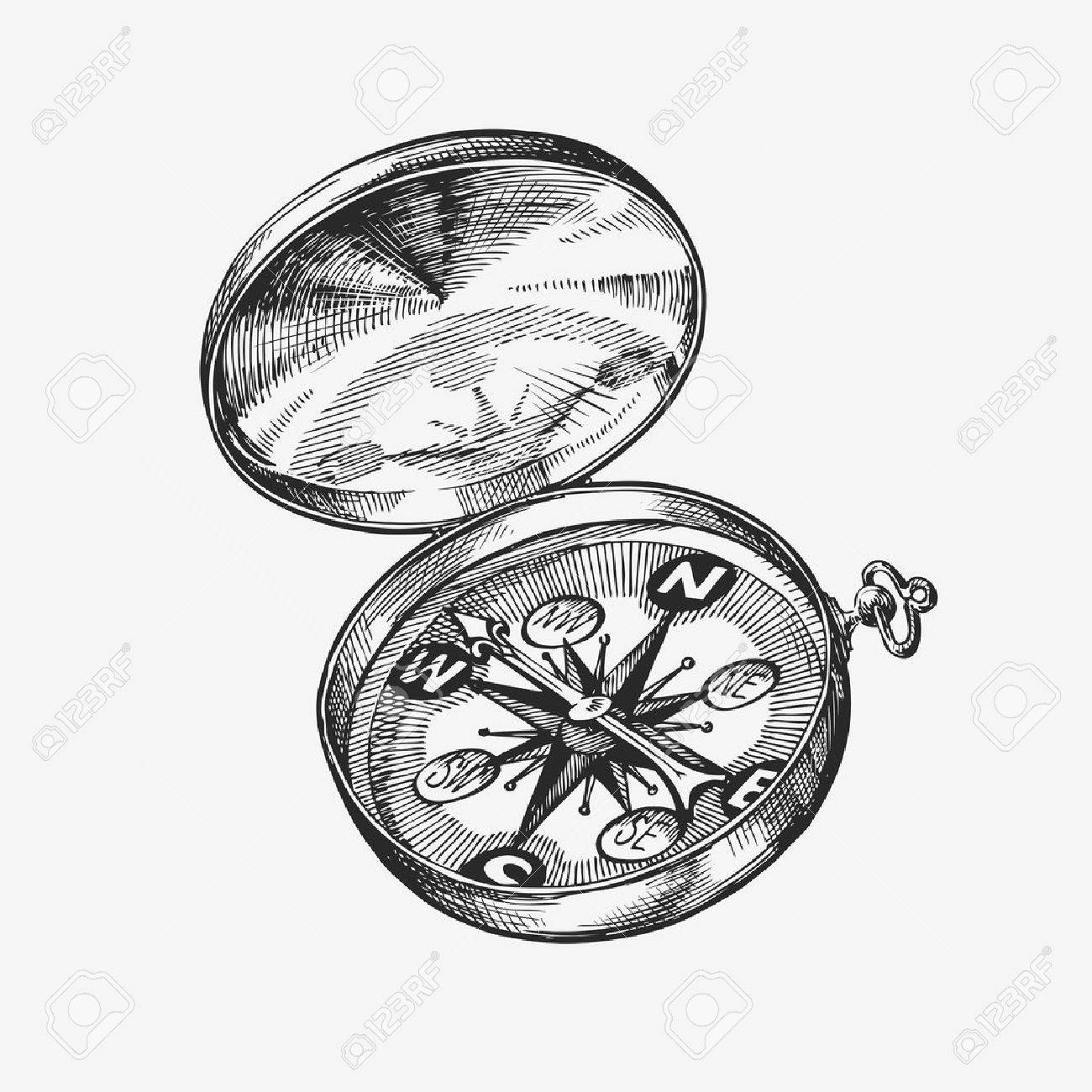 1300x1300 Hand Drawn Vintage Compass. Sketch Journey, Travel. Vector