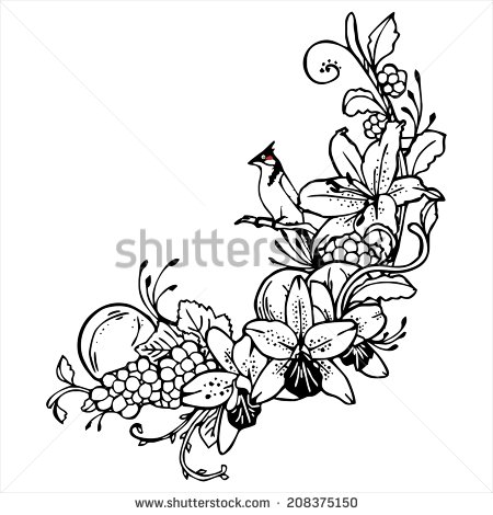 450x470 Bird Orange Flower Line Drawing Vintage Vector Tattoos