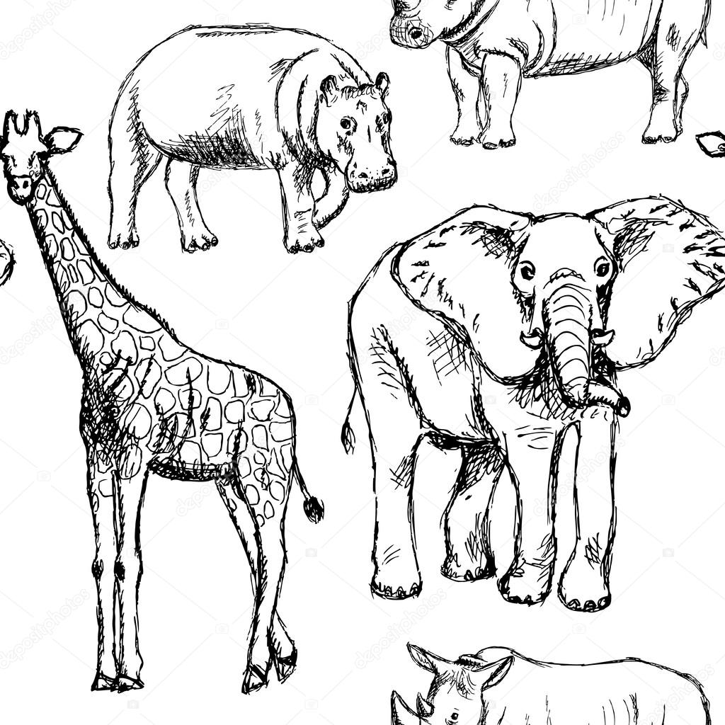 1024x1024 Sketch Elephant, Rhino, Giraffe And Hippo, Vector Seamless Patte