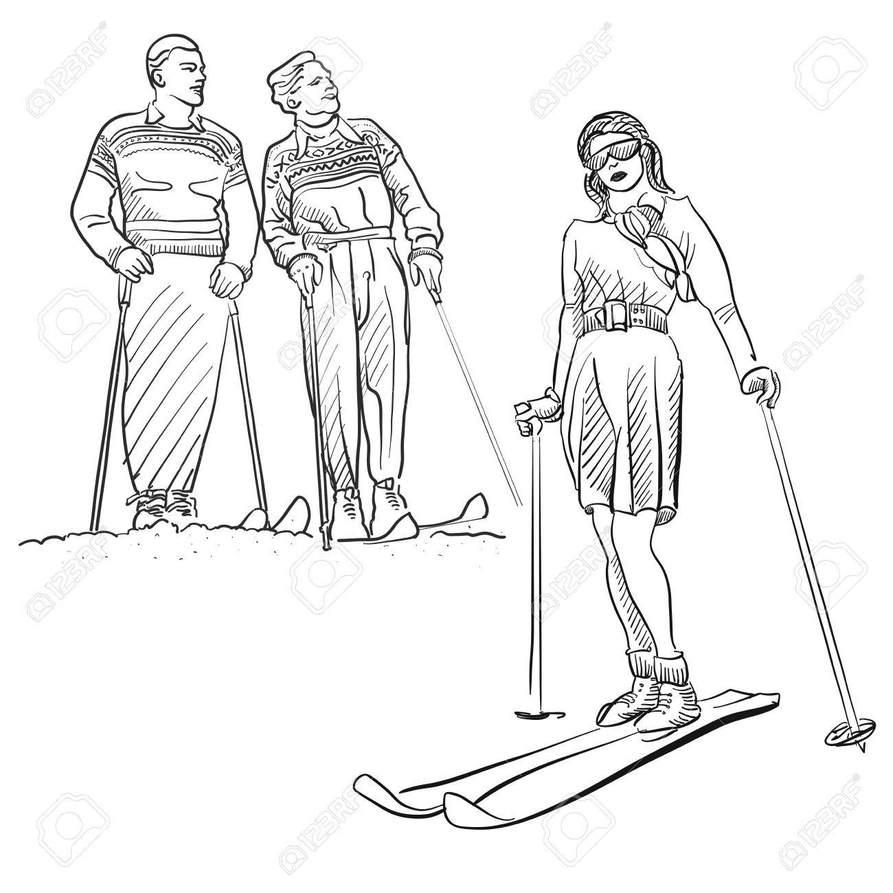 1300x1300 Vintage Fashion People Winter Sport Sketches, Hand Drawn Outline