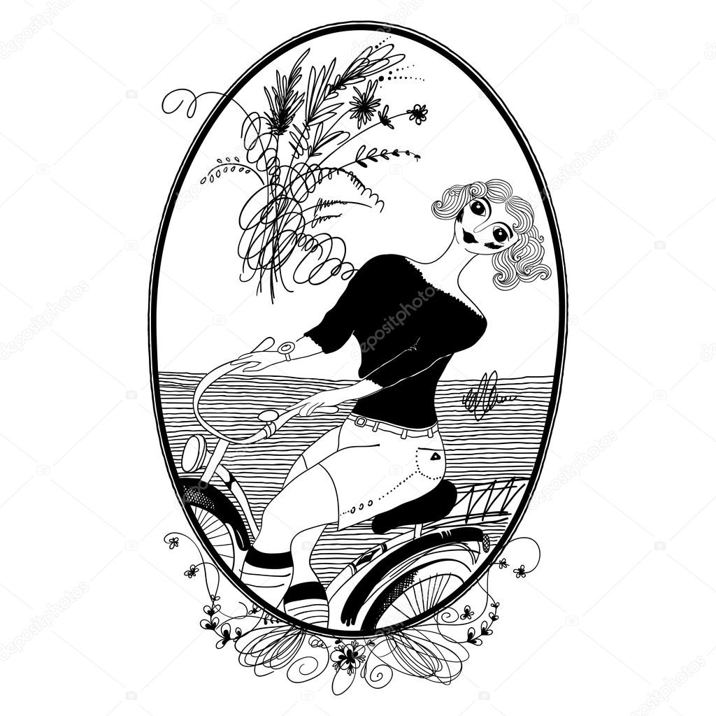 1024x1024 Vintage Girl Rides A Bicycle. Stock Photo Karpenyuk