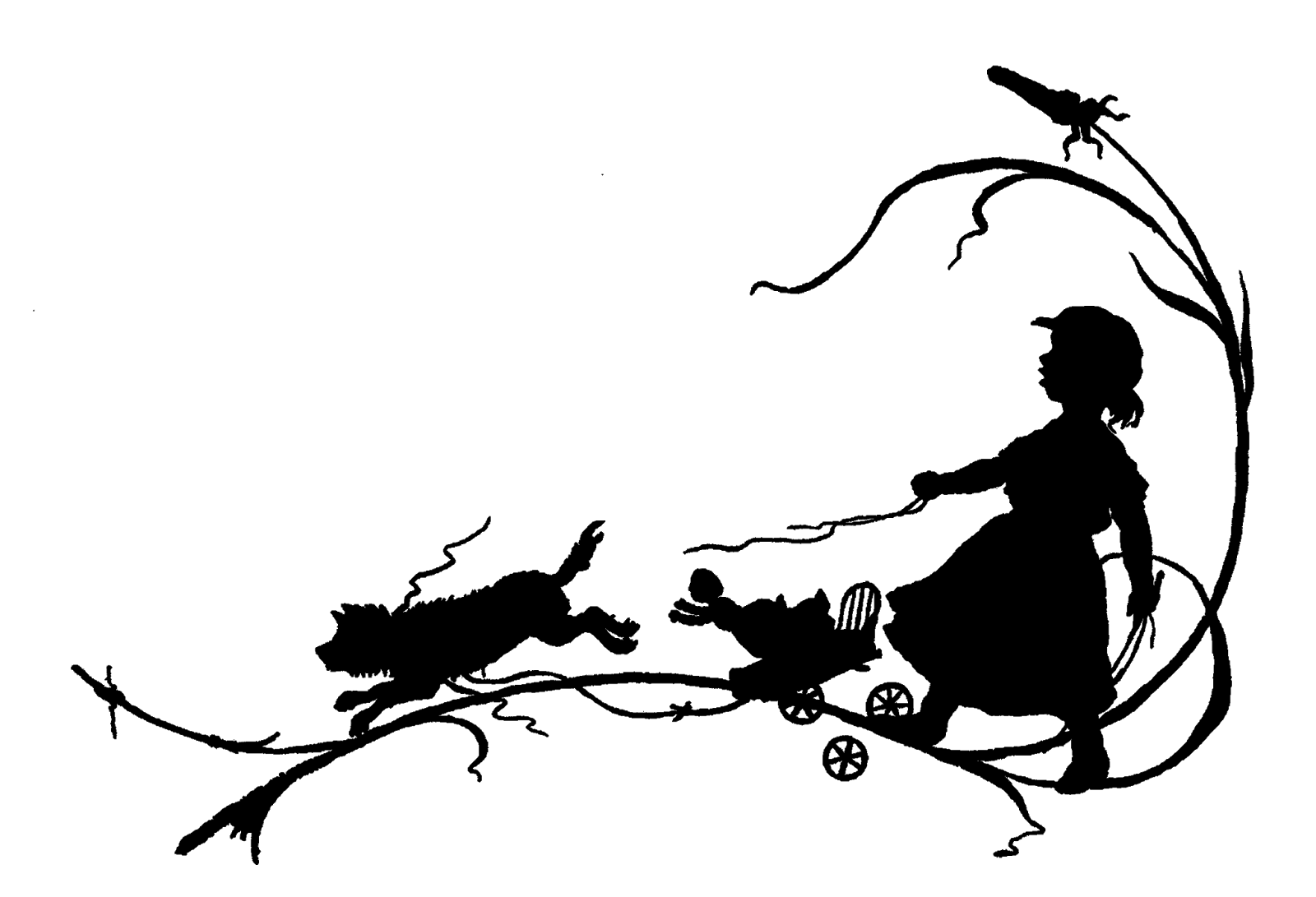 1600x1091 Digital Stamp Design Vintage Silhouette Image Girl Dog Toy Doll