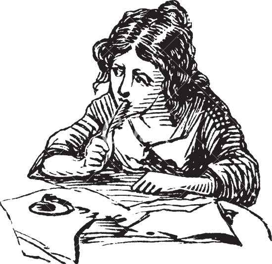 550x534 Girl Writing Or Pen Rested Against Her Face Vintage Engraving