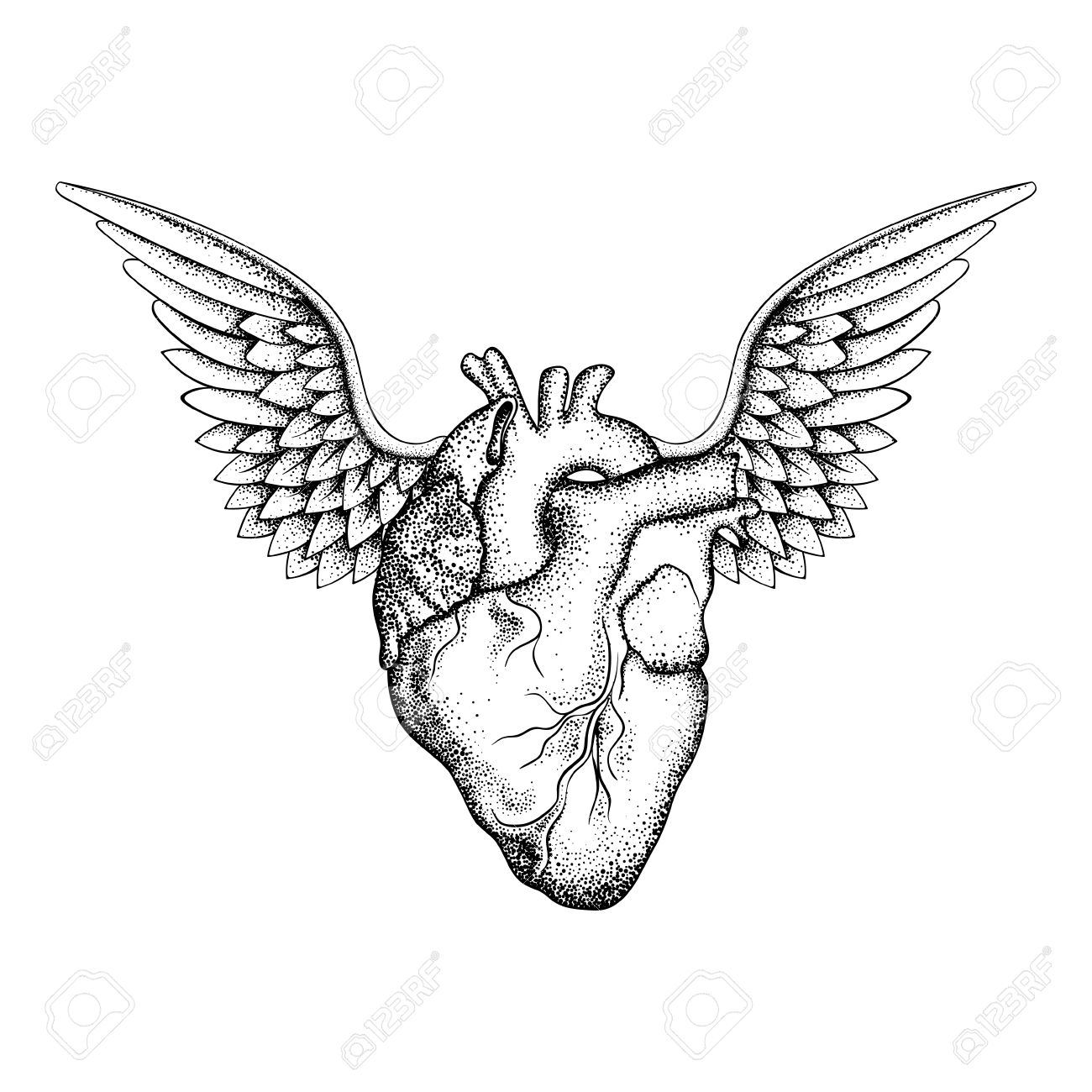 1300x1300 Hand Drawn Elegant Heart With Wings, Black Sketch For T Shirt