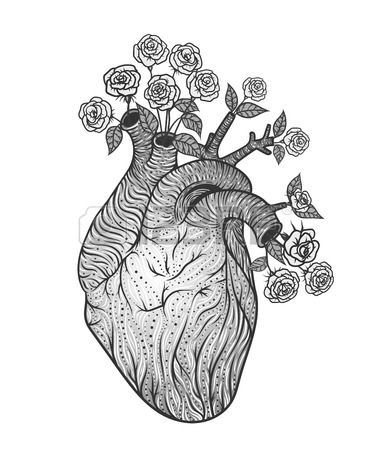 371x450 Human Heart With Flowers. Vector Illustration. Tattoo Style