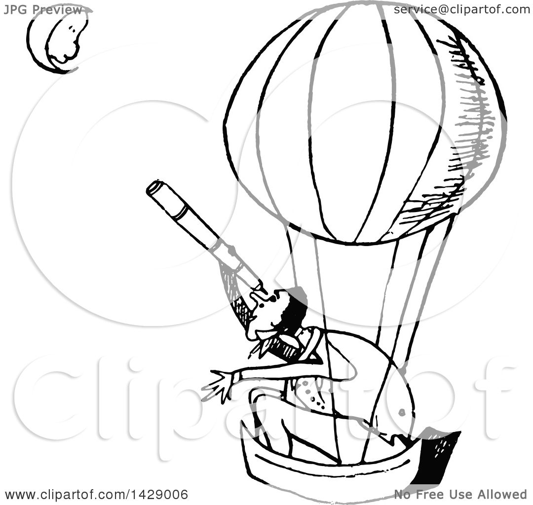1080x1024 Clipart Of A Vintage Black And White Man In A Hot Air Balloon
