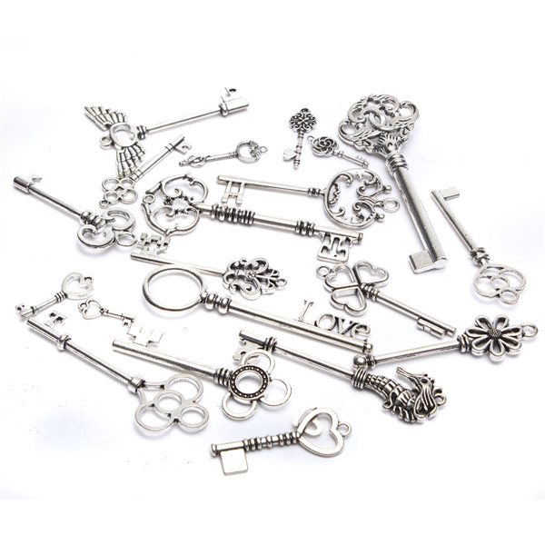 600x600 Vintage Silver Skeleton Key Pendant Heart Bow Lock Steampunk Set