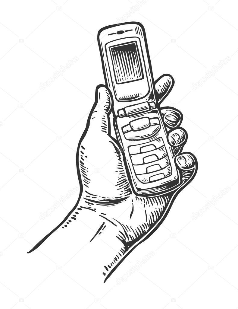 790x1024 Flip Phone Hold Male Hand.vintage Vector Drawn Engraving